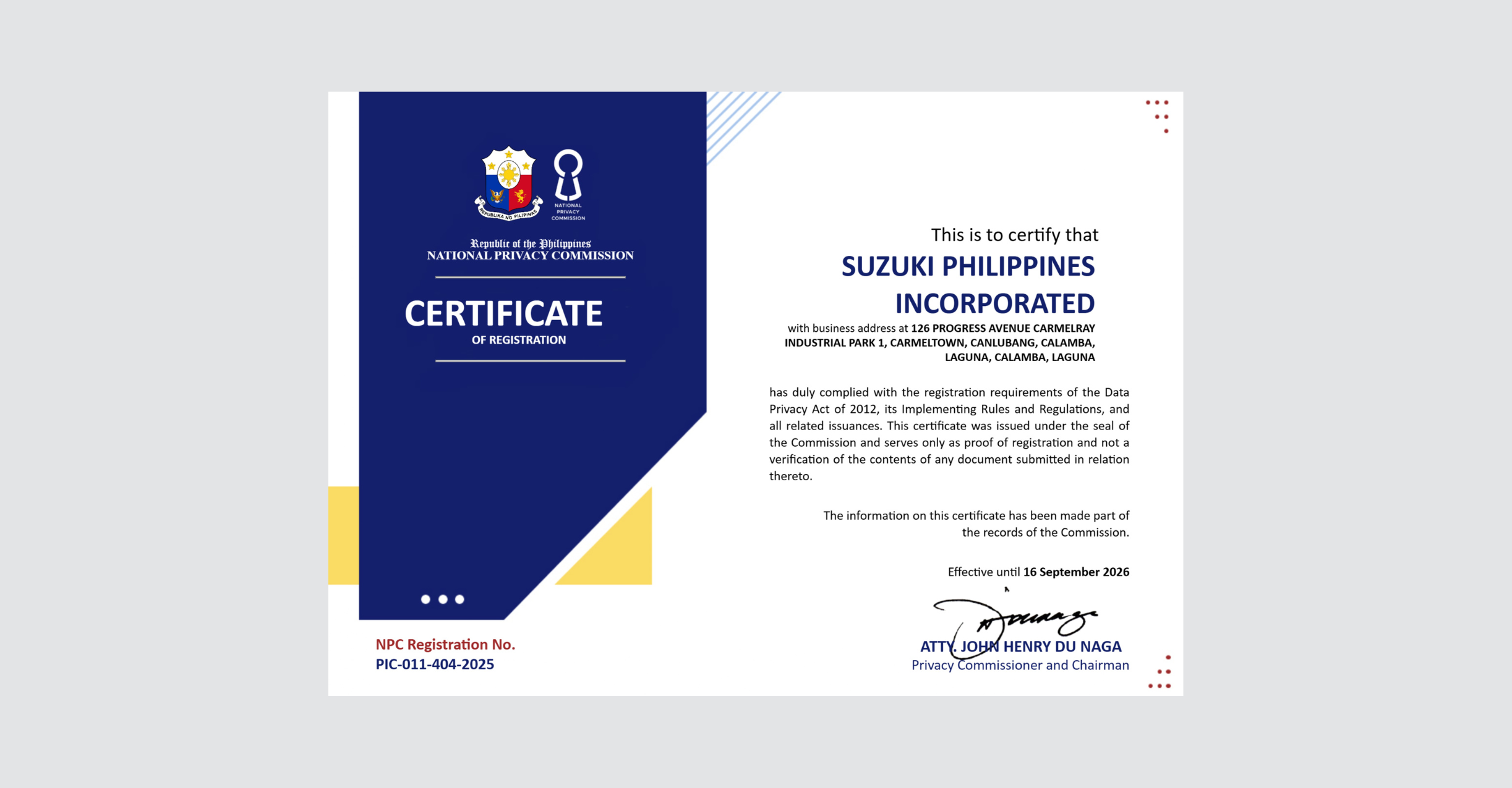 Certificate of Registration under the National Privacy Commission (NPC)